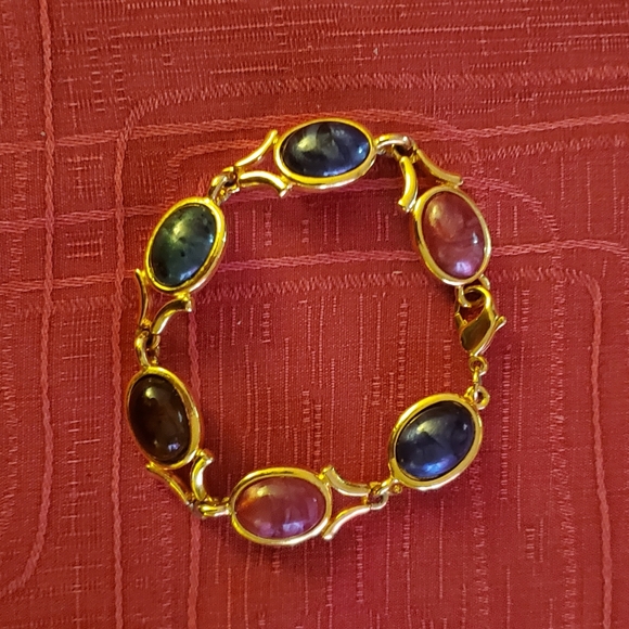 LCi Liz Claiborne Jewelry - Signed LCi Gold Tone and Multicolor Glass Cabochon Bracelet 7-1/4" Liz Claiborne